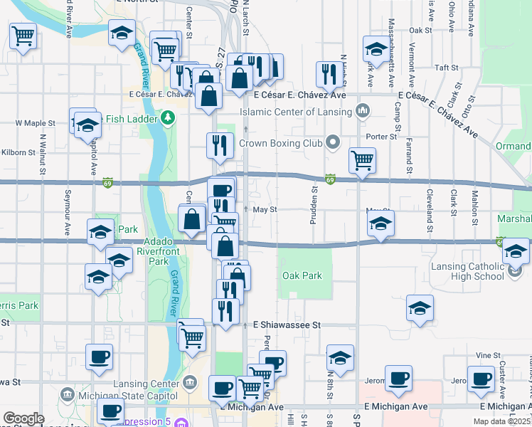map of restaurants, bars, coffee shops, grocery stores, and more near 619 May Street in Lansing