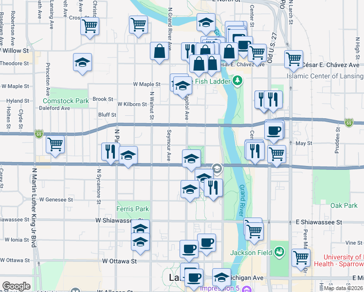 map of restaurants, bars, coffee shops, grocery stores, and more near 806 North Capitol Avenue in Lansing