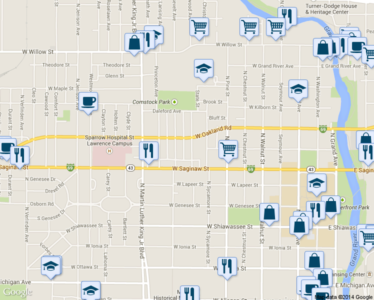 map of restaurants, bars, coffee shops, grocery stores, and more near 756 Chicago Avenue in Lansing