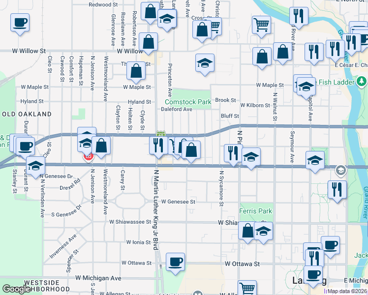 map of restaurants, bars, coffee shops, grocery stores, and more near 750 Princeton Avenue in Lansing