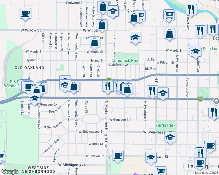 map of restaurants, bars, coffee shops, grocery stores, and more near 744 North Martin Luther King Junior Boulevard in Lansing