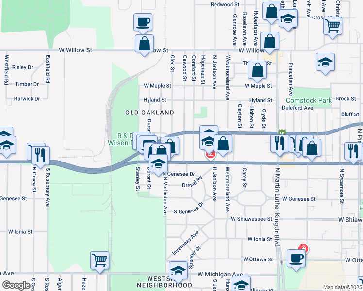 map of restaurants, bars, coffee shops, grocery stores, and more near 743 Cawood Street in Lansing