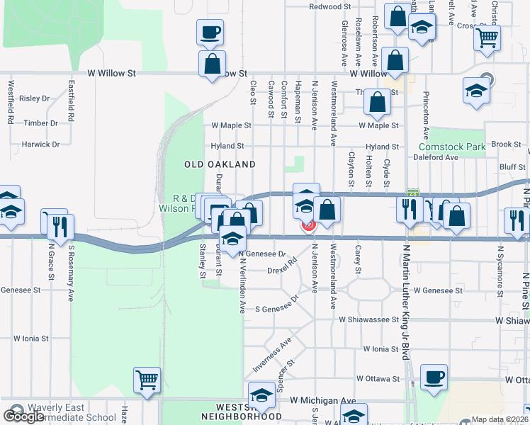 map of restaurants, bars, coffee shops, grocery stores, and more near 743 Cawood Street in Lansing