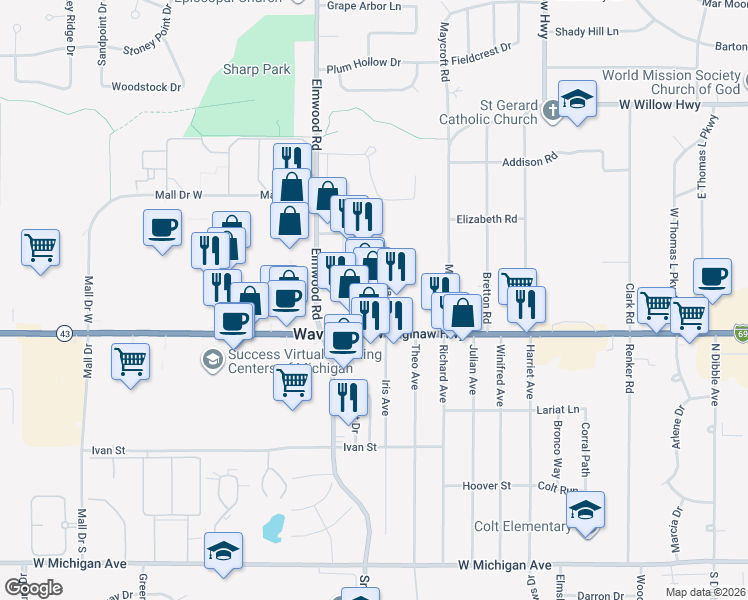 map of restaurants, bars, coffee shops, grocery stores, and more near 901-949 Mall Drive East in Lansing