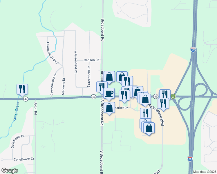 map of restaurants, bars, coffee shops, grocery stores, and more near 8748 West Saginaw Highway in Lansing