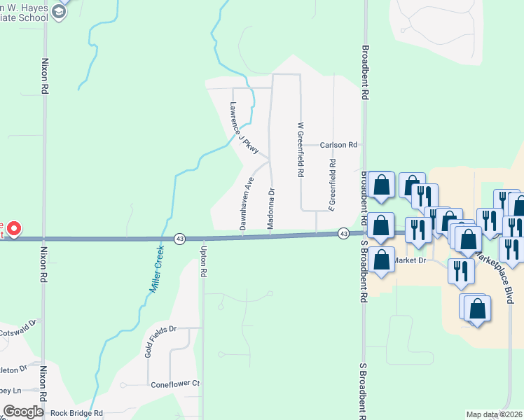 map of restaurants, bars, coffee shops, grocery stores, and more near 12102 Dawnhaven Avenue in Lansing
