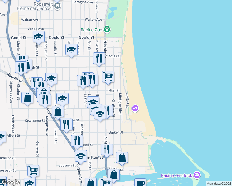 map of restaurants, bars, coffee shops, grocery stores, and more near 1702 Michigan Boulevard in Racine