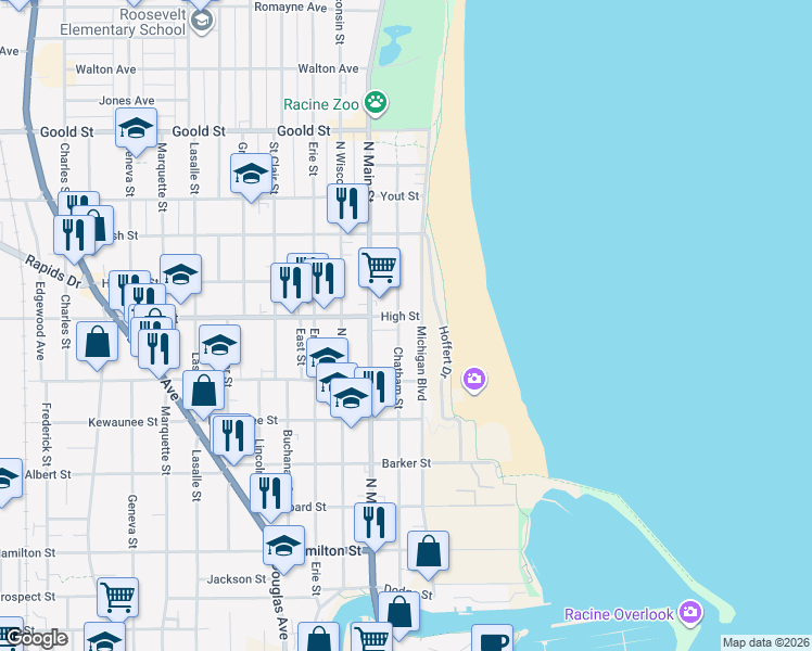 map of restaurants, bars, coffee shops, grocery stores, and more near 1702 Michigan Boulevard in Racine