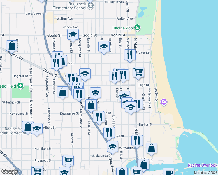 map of restaurants, bars, coffee shops, grocery stores, and more near 704 High Street in Racine