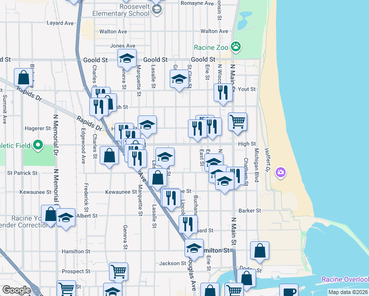 map of restaurants, bars, coffee shops, grocery stores, and more near 704 High Street in Racine