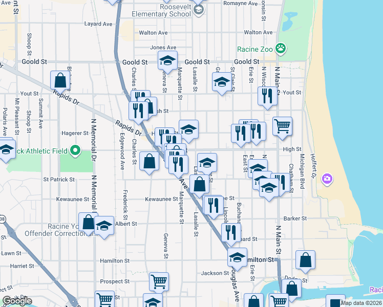 map of restaurants, bars, coffee shops, grocery stores, and more near in Racine