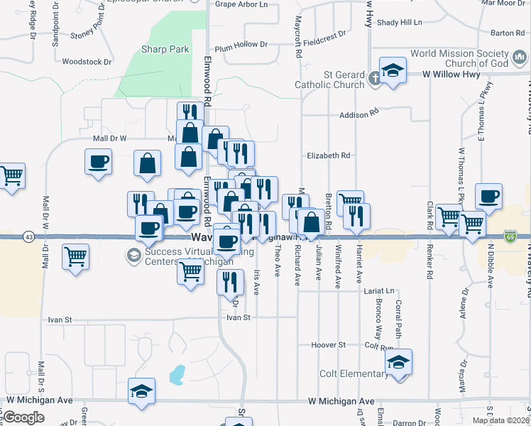 map of restaurants, bars, coffee shops, grocery stores, and more near 949 Mall Dr E in Lansing