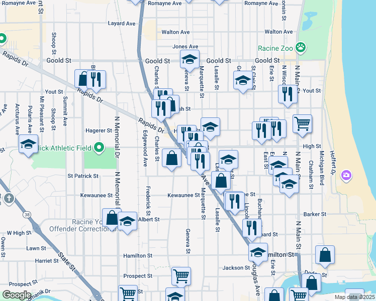 map of restaurants, bars, coffee shops, grocery stores, and more near 1667 Douglas Avenue in Racine