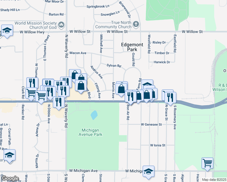 map of restaurants, bars, coffee shops, grocery stores, and more near 3314 Upton Rd in Lansing Charter Township