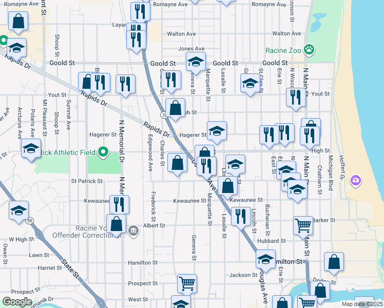 map of restaurants, bars, coffee shops, grocery stores, and more near 1667 Douglas Avenue in Racine