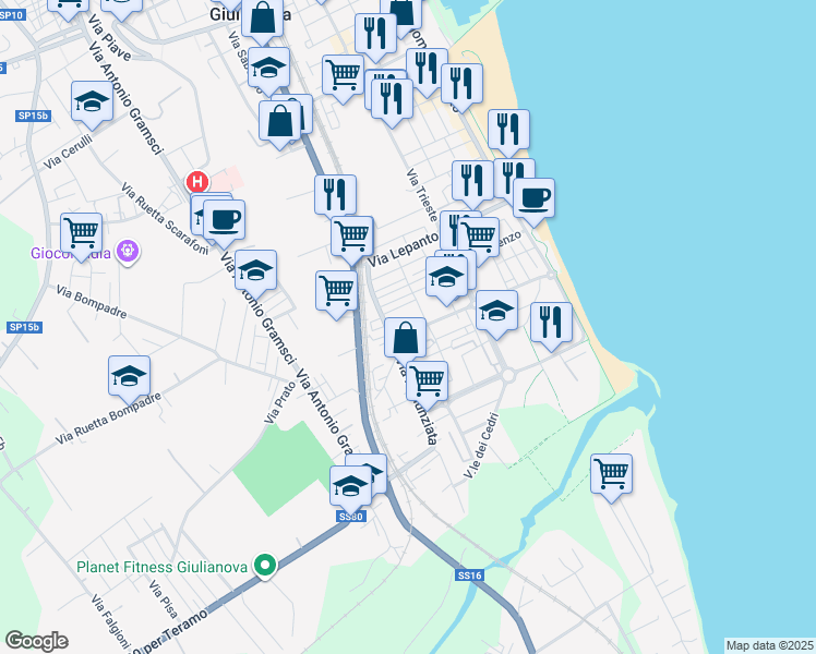 map of restaurants, bars, coffee shops, grocery stores, and more near 17 Via Simoncini in Giulianova