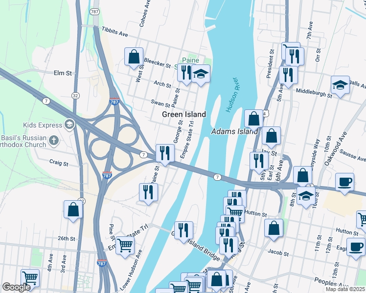 map of restaurants, bars, coffee shops, grocery stores, and more near 83 George Street in Troy