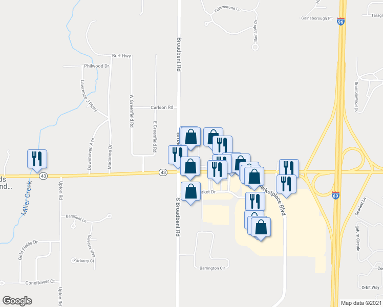 map of restaurants, bars, coffee shops, grocery stores, and more near 8748 West Saginaw Highway in Lansing
