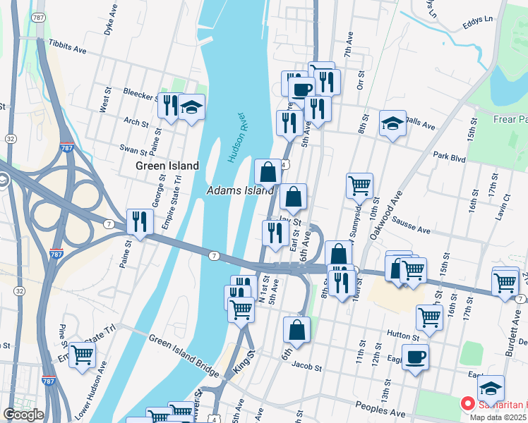 map of restaurants, bars, coffee shops, grocery stores, and more near 599 River Street in Troy