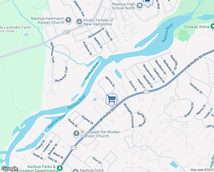 map of restaurants, bars, coffee shops, grocery stores, and more near 44 Norma Drive in Nashua