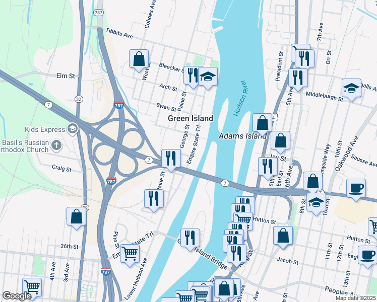 map of restaurants, bars, coffee shops, grocery stores, and more near 83 George Street in Troy