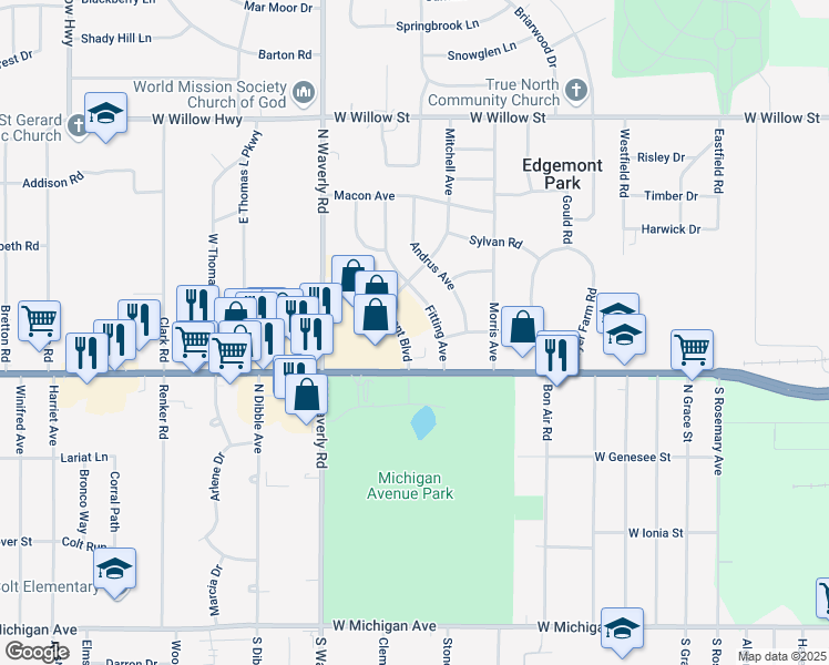 map of restaurants, bars, coffee shops, grocery stores, and more near 750 Edgemont Boulevard in Lansing