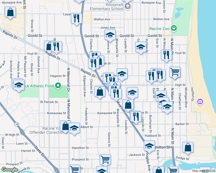 map of restaurants, bars, coffee shops, grocery stores, and more near 1667 Douglas Avenue in Racine