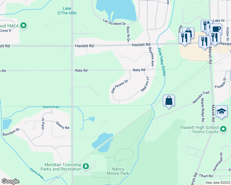 map of restaurants, bars, coffee shops, grocery stores, and more near 5562 Star Flower Drive in Meridian charter Township