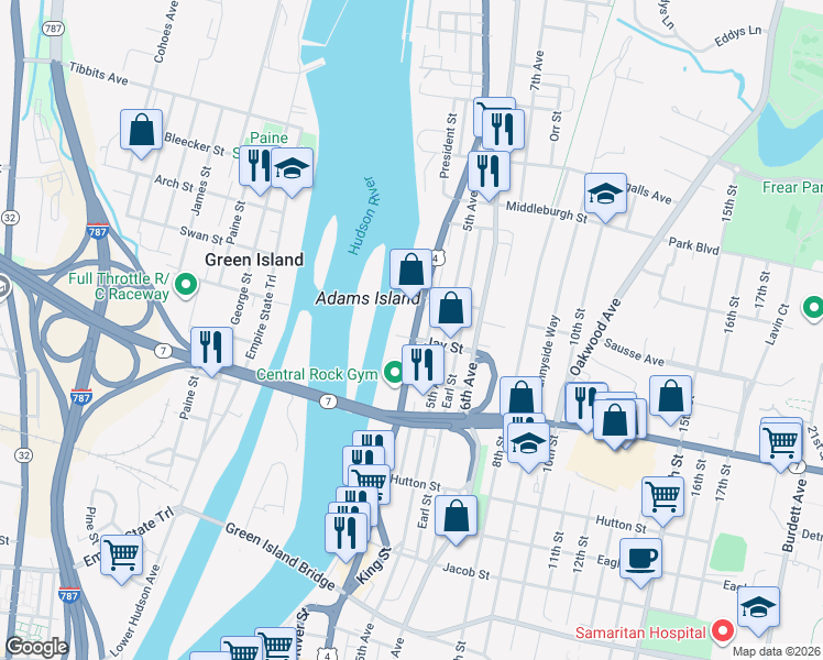 map of restaurants, bars, coffee shops, grocery stores, and more near 605 River Street in Troy