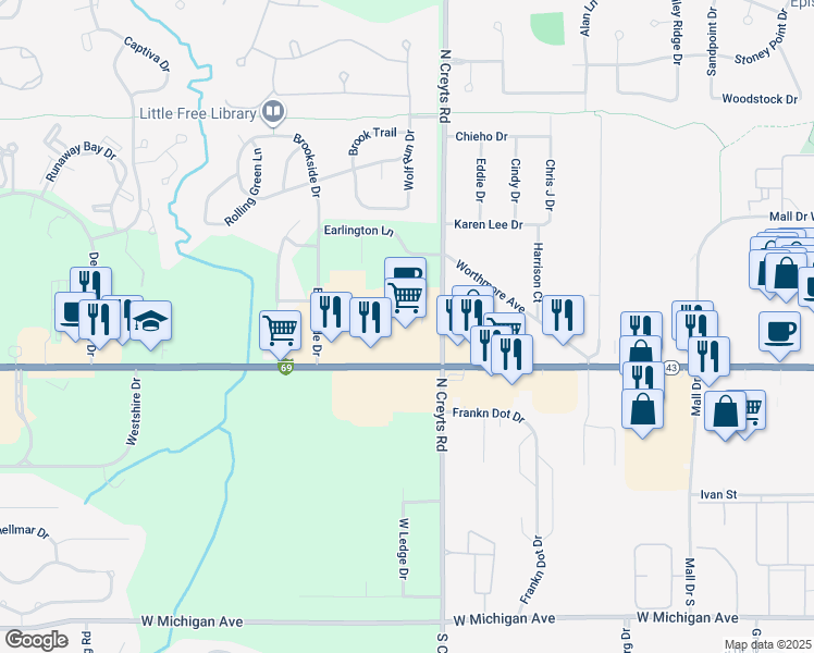 map of restaurants, bars, coffee shops, grocery stores, and more near 6430 West Saginaw Highway in Lansing
