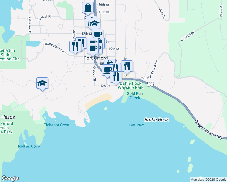 map of restaurants, bars, coffee shops, grocery stores, and more near 409 Jackson Street in Port Orford