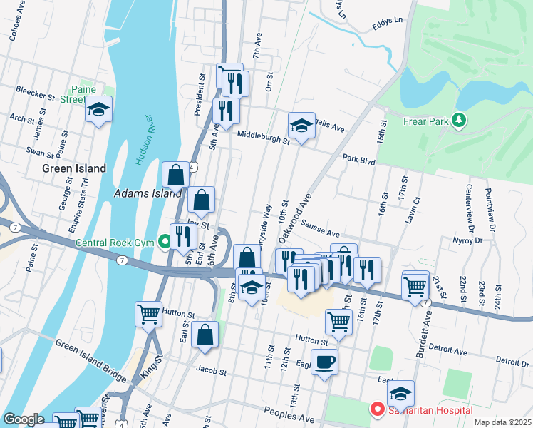 map of restaurants, bars, coffee shops, grocery stores, and more near 9th Street & Rensselaer Street in Troy