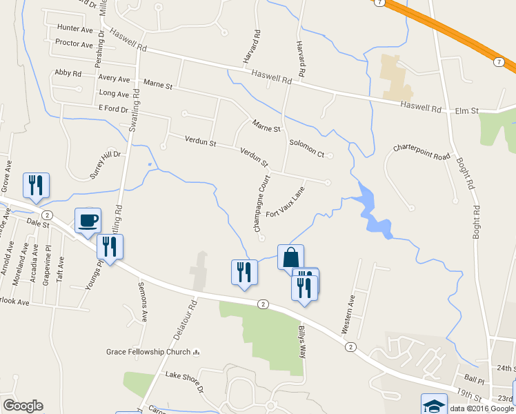 map of restaurants, bars, coffee shops, grocery stores, and more near Champagne Court in Watervliet