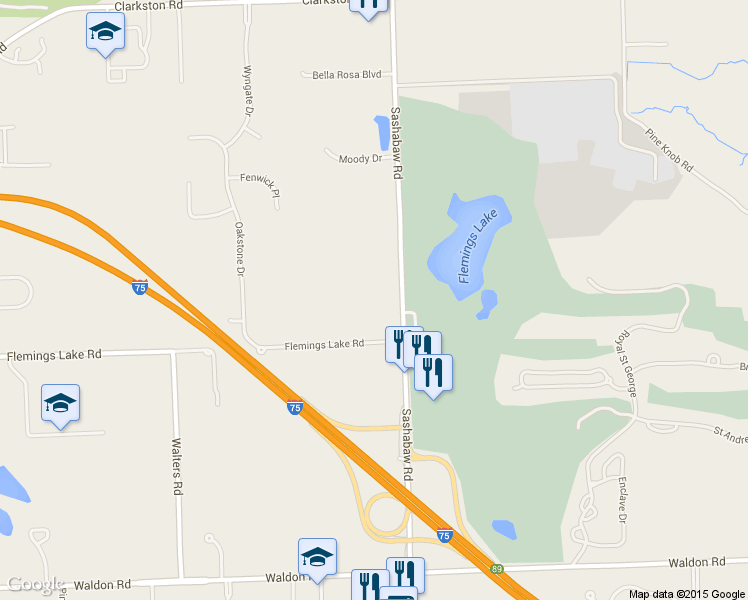 map of restaurants, bars, coffee shops, grocery stores, and more near 7093 Sashabaw Road in Clarkston