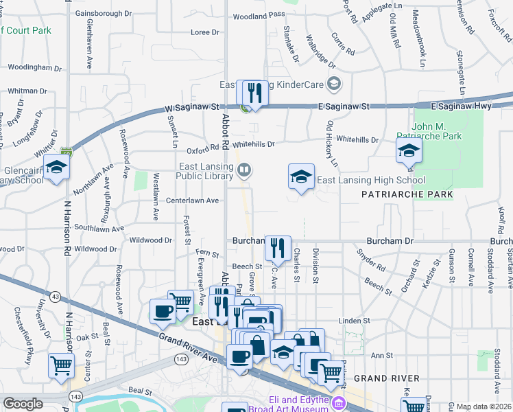 map of restaurants, bars, coffee shops, grocery stores, and more near 205 Ridge Road in East Lansing