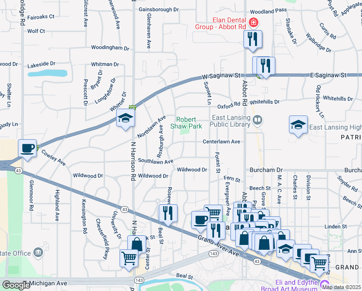 map of restaurants, bars, coffee shops, grocery stores, and more near 838 Stuart Avenue in East Lansing