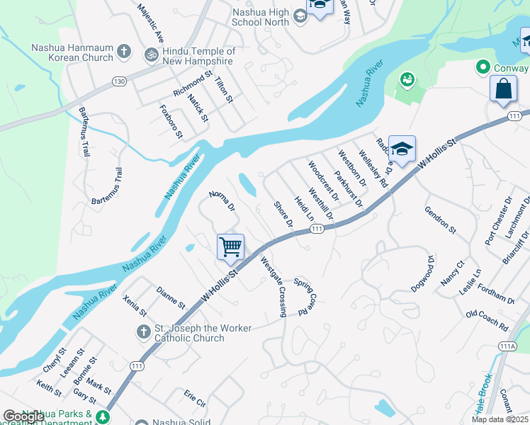 map of restaurants, bars, coffee shops, grocery stores, and more near 681 West Hollis Street in Nashua
