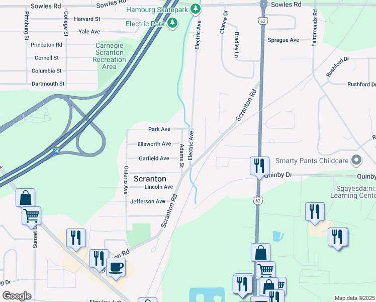 map of restaurants, bars, coffee shops, grocery stores, and more near 5400 Electric Avenue in Hamburg