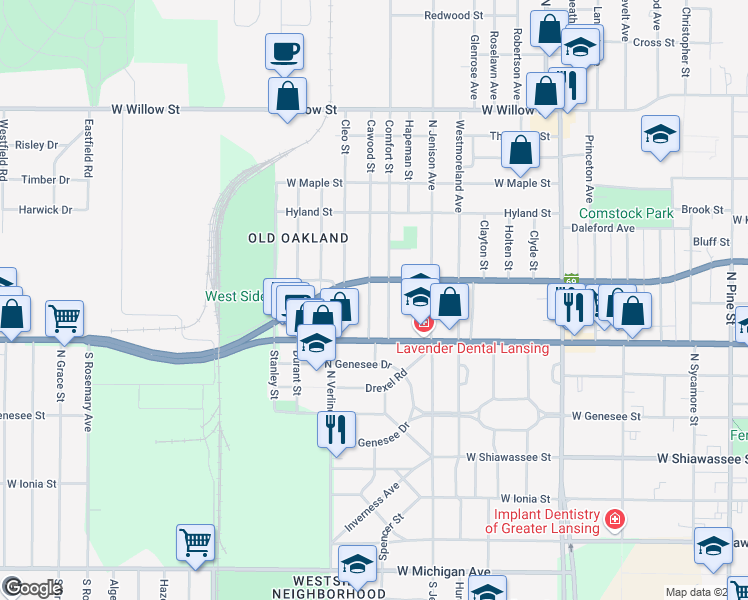 map of restaurants, bars, coffee shops, grocery stores, and more near 743 Cawood Street in Lansing