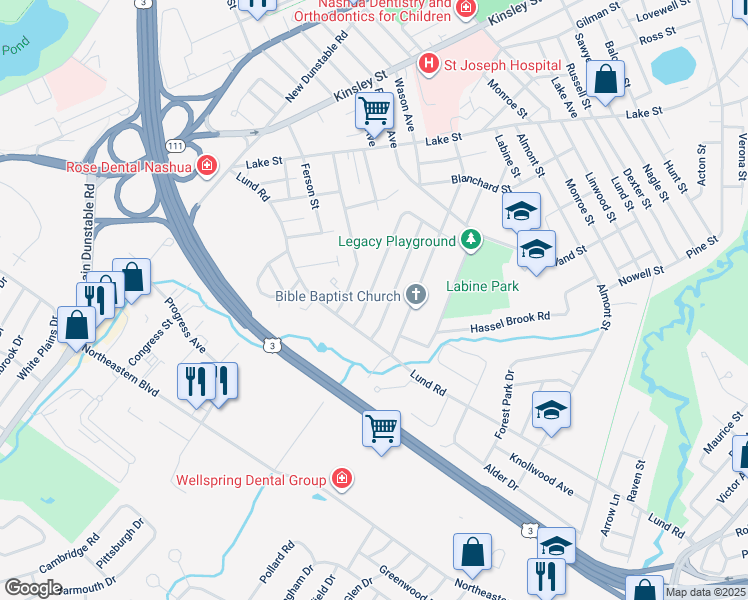 map of restaurants, bars, coffee shops, grocery stores, and more near 22 Forge Drive in Nashua