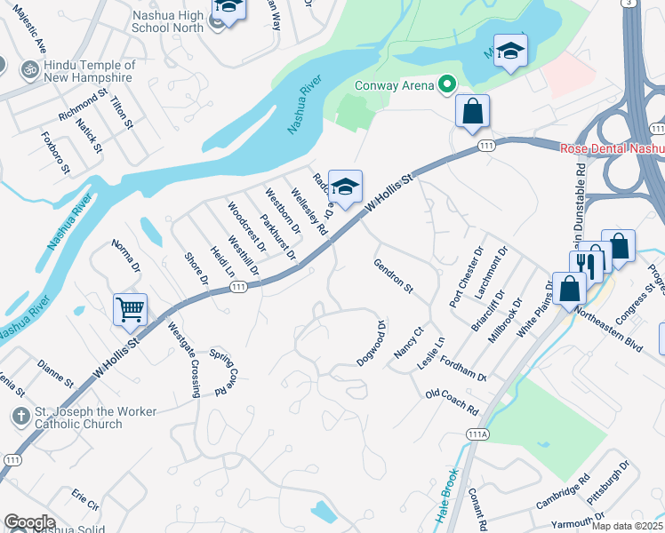 map of restaurants, bars, coffee shops, grocery stores, and more near 598 West Hollis Street in Nashua