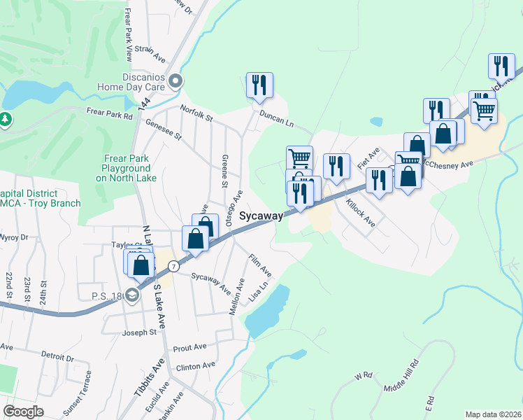 map of restaurants, bars, coffee shops, grocery stores, and more near 9 Leonard Avenue in Troy