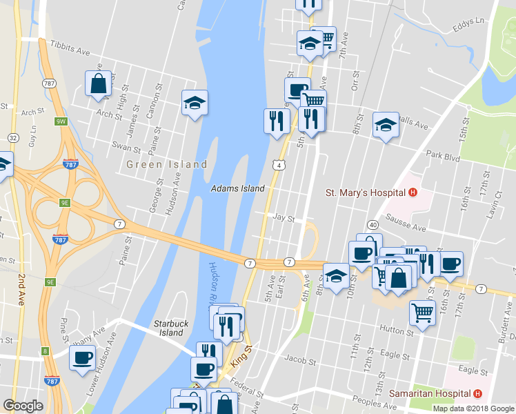 map of restaurants, bars, coffee shops, grocery stores, and more near 605 River Street in Troy