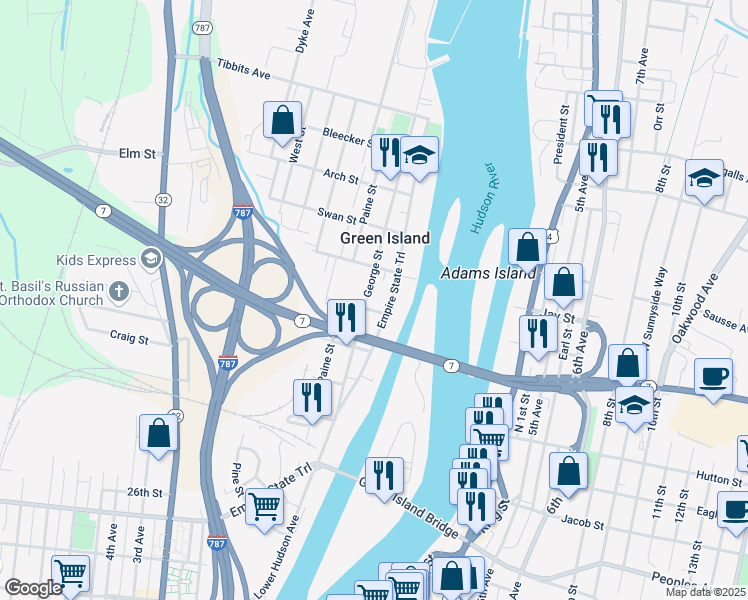 map of restaurants, bars, coffee shops, grocery stores, and more near 83 George Street in Troy
