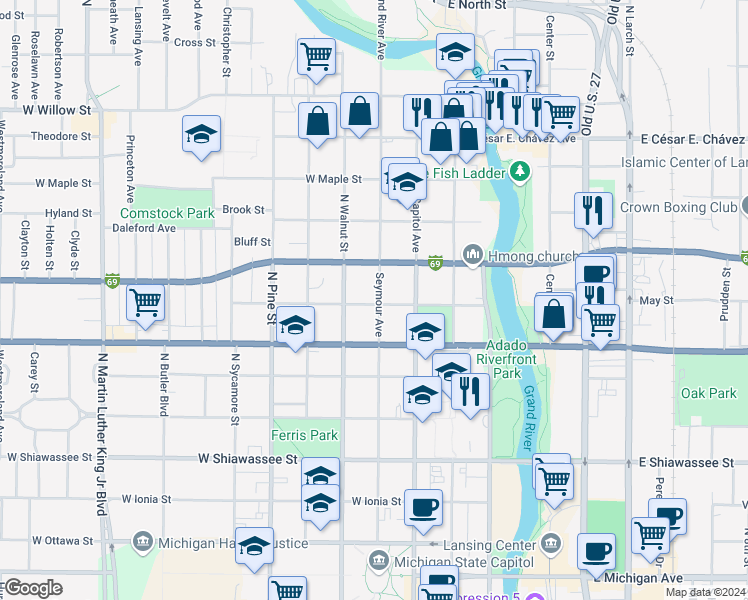 map of restaurants, bars, coffee shops, grocery stores, and more near 804 Seymour Avenue in Lansing