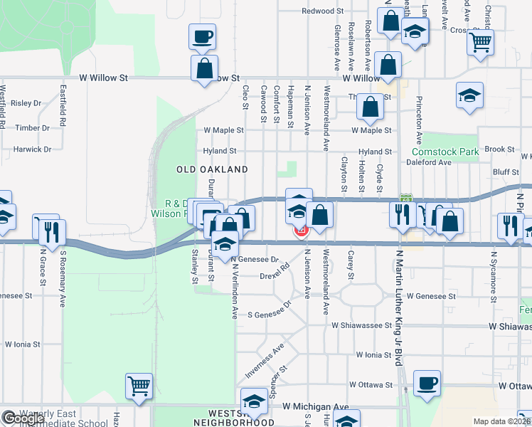 map of restaurants, bars, coffee shops, grocery stores, and more near 743 Cawood Street in Lansing