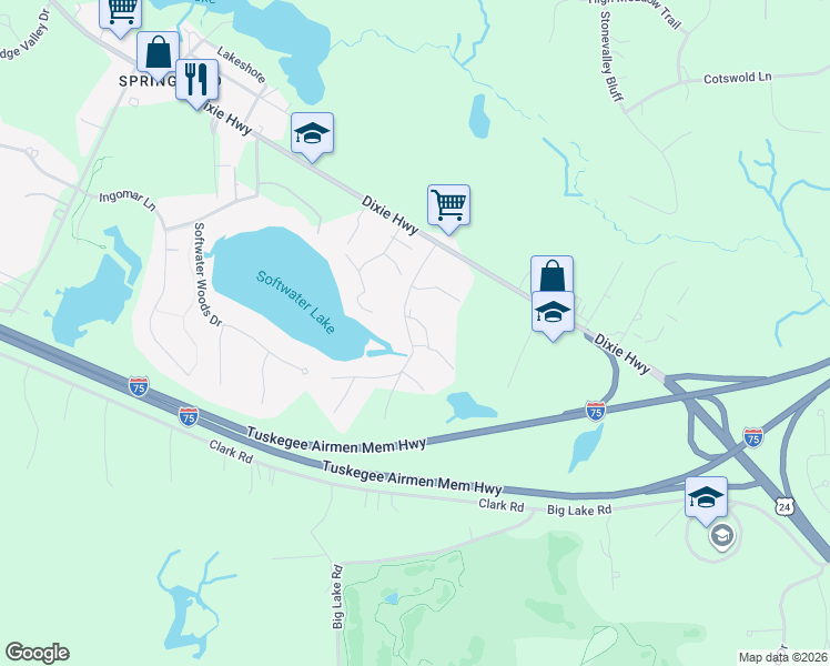 map of restaurants, bars, coffee shops, grocery stores, and more near 7243 Bluewater Drive in Clarkston
