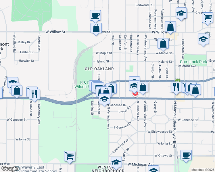 map of restaurants, bars, coffee shops, grocery stores, and more near 744 North Verlinden Avenue in Lansing