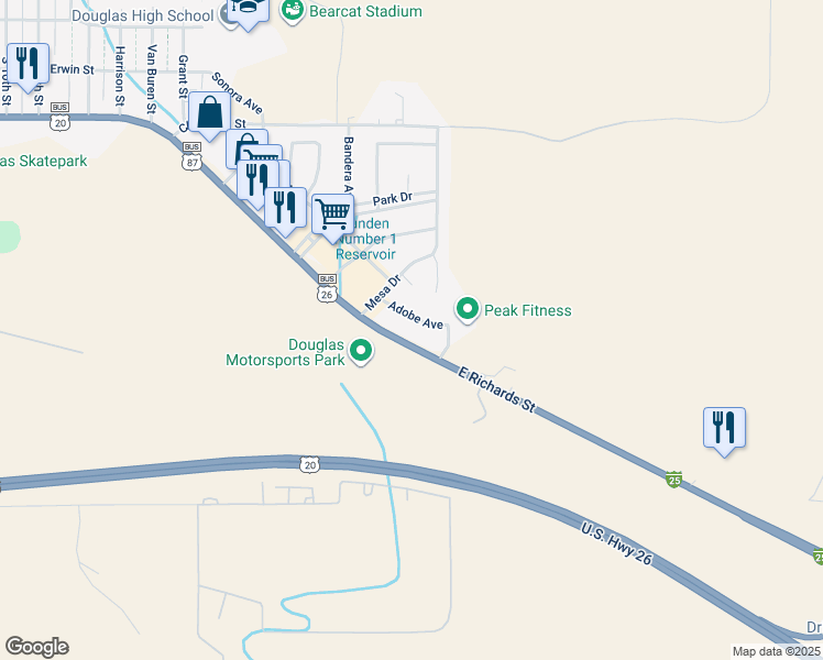map of restaurants, bars, coffee shops, grocery stores, and more near 2019 Adobe Avenue in Douglas