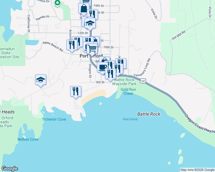map of restaurants, bars, coffee shops, grocery stores, and more near 330 5th Street in Port Orford